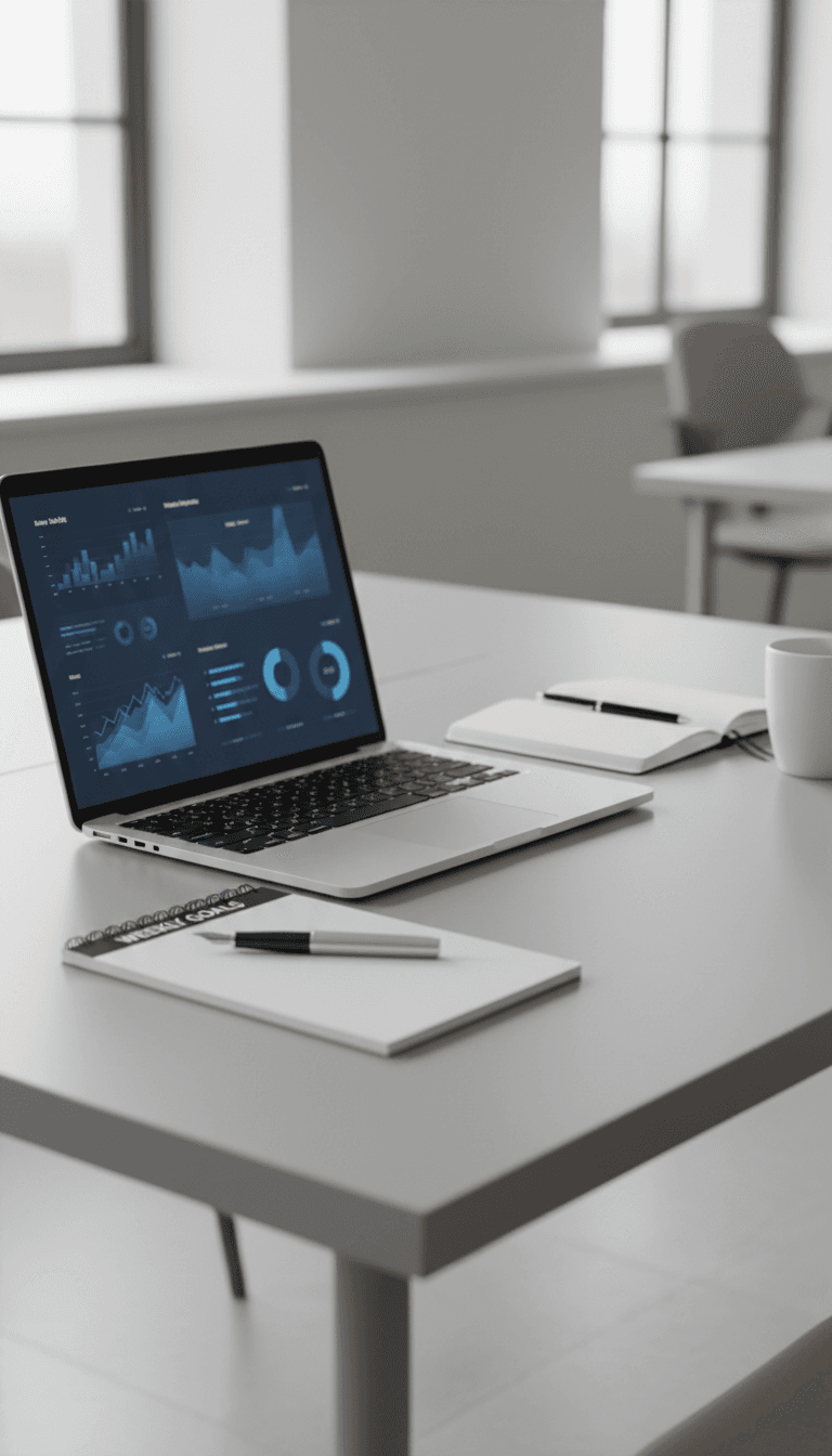 Laptop and notebook on an organized business desk