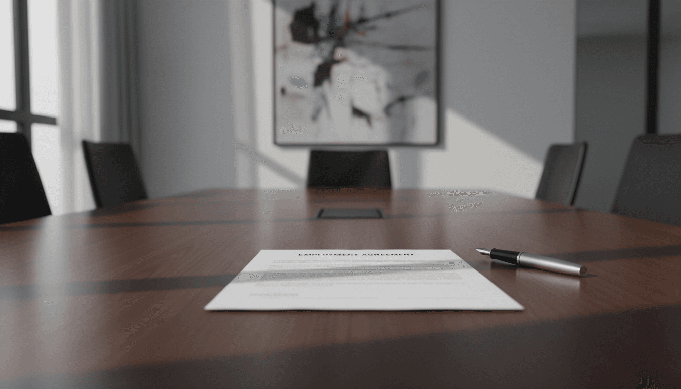 Legal contract document resting on a dark wood conference table in a professional office with a pen nearby