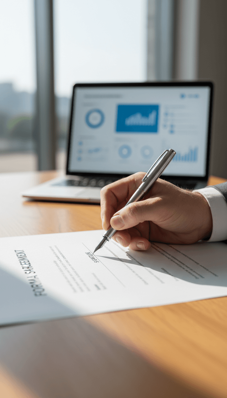 Close-up of a hand signing a service agreement on a desk