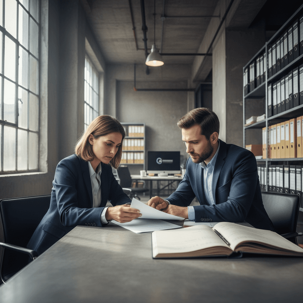 Two professionals reviewing contract clause during meeting