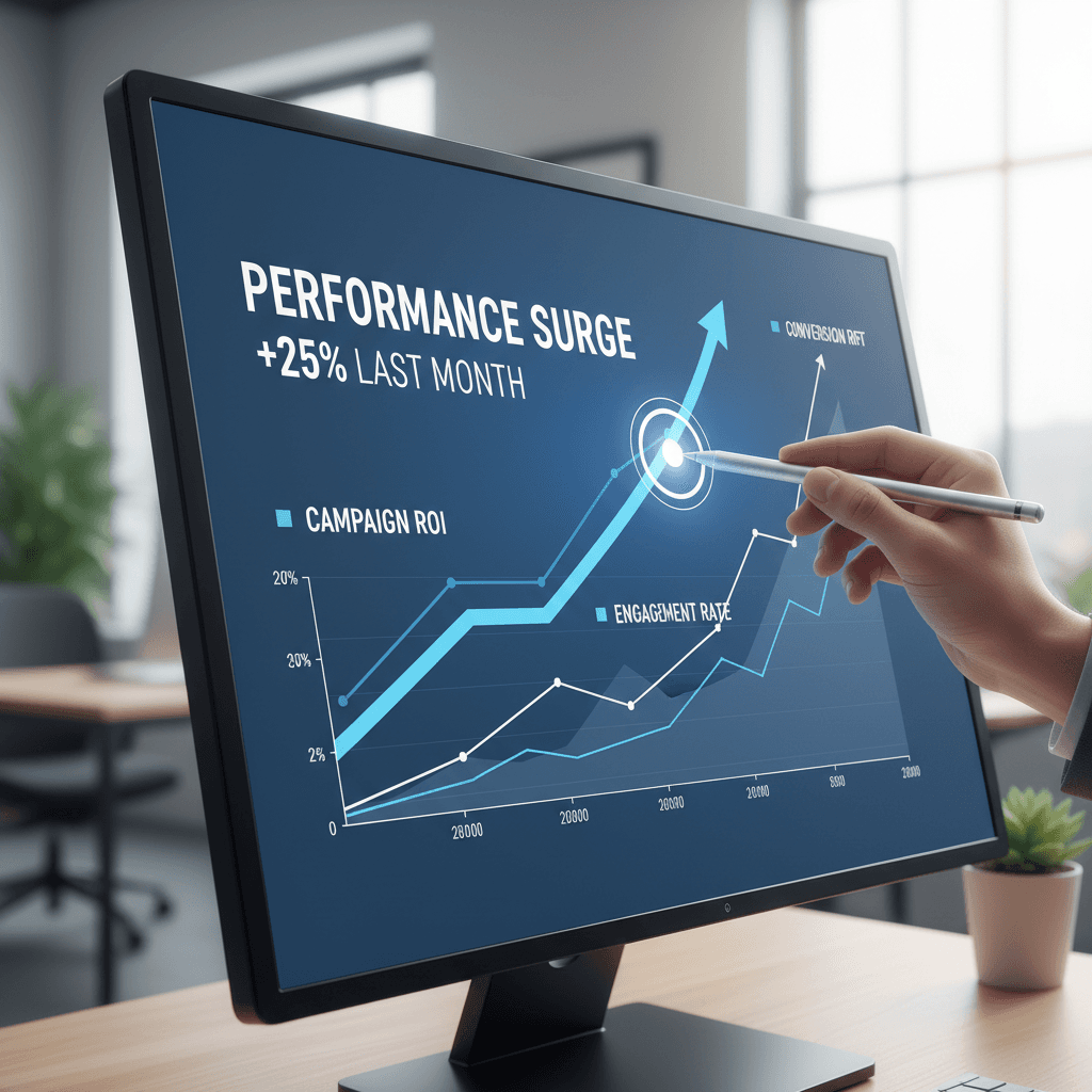 Close-up of a marketer pointing at a rising performance metrics graph on a screen