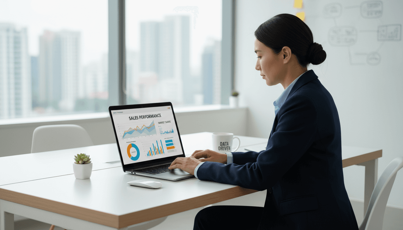 E-commerce manager working on store analytics at a tidy desk