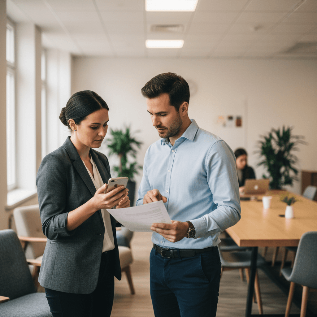 Two colleagues in an office having a focused conversation while one reviews a smartphone