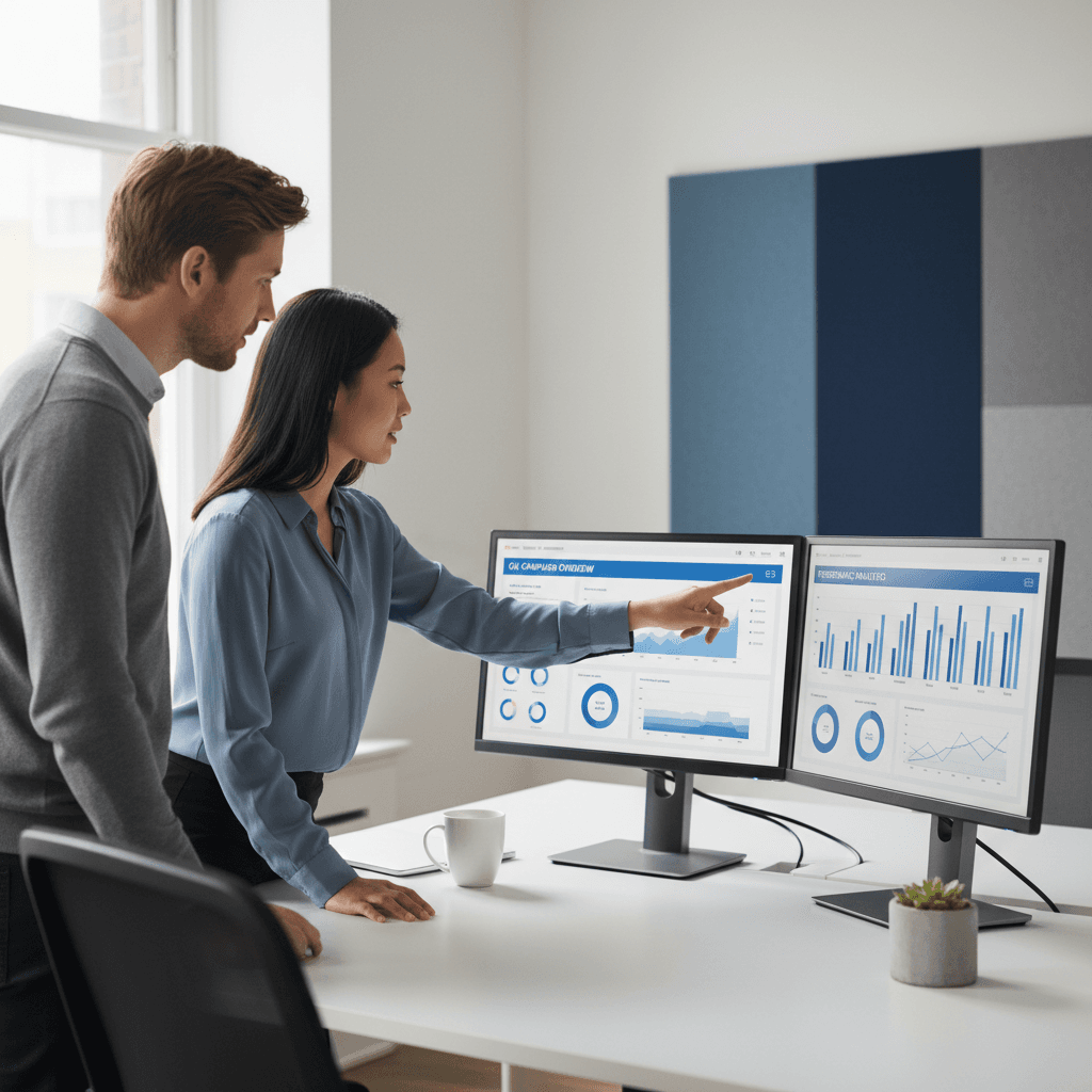 Professional reviewing campaign dashboards on a dual-monitor desktop setup
