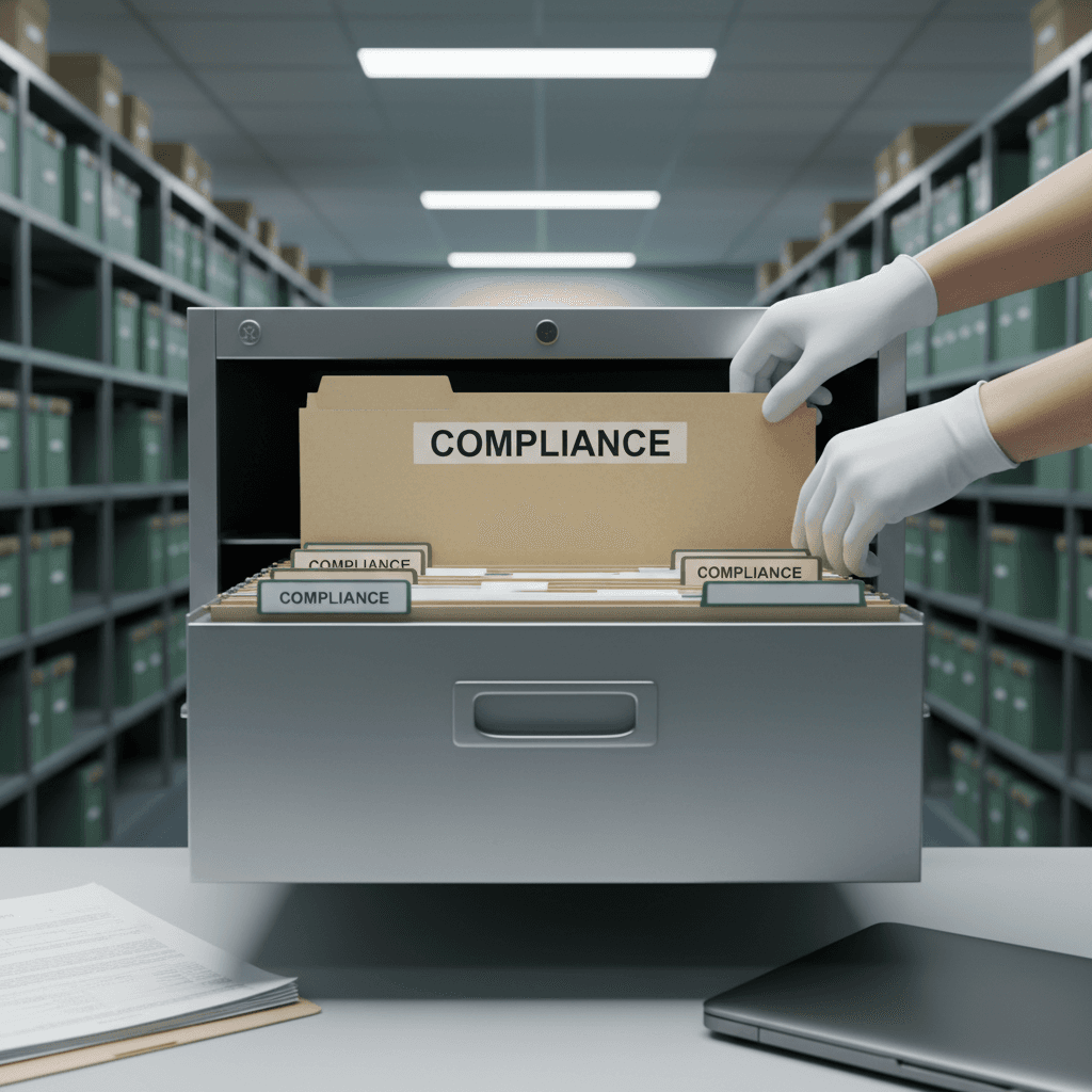 Hand placing a compliance folder into a metal filing cabinet drawer