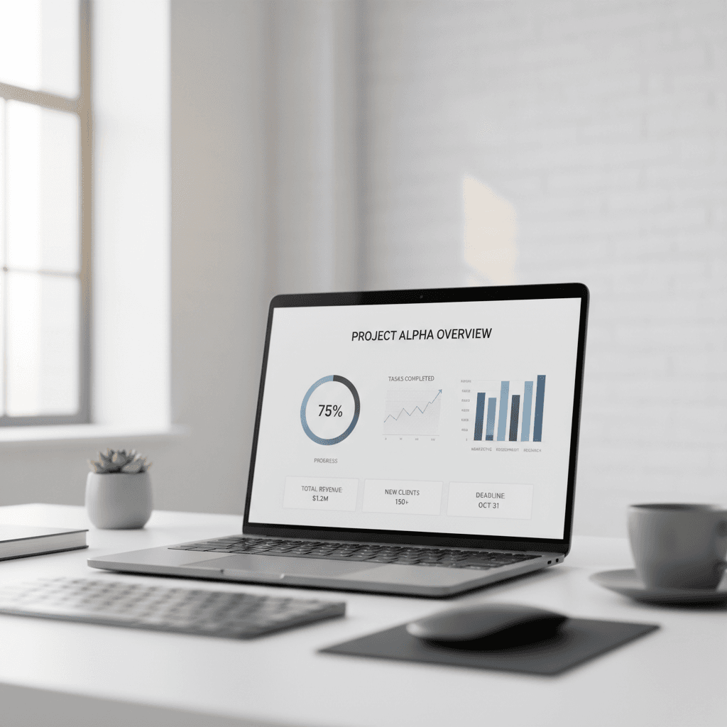 Laptop displaying project dashboard with analytics metrics