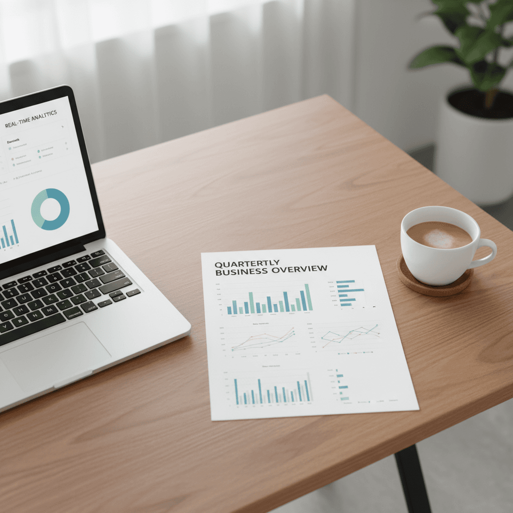 Overhead view of a printed performance report, a laptop with dashboards, and a coffee cup on a wooden desk