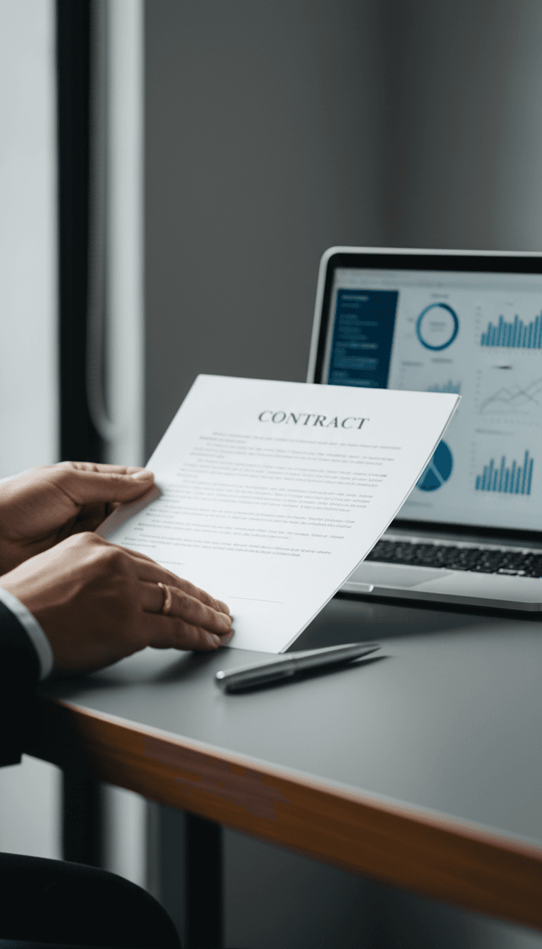 Professional reviewing a contract and analytics dashboard