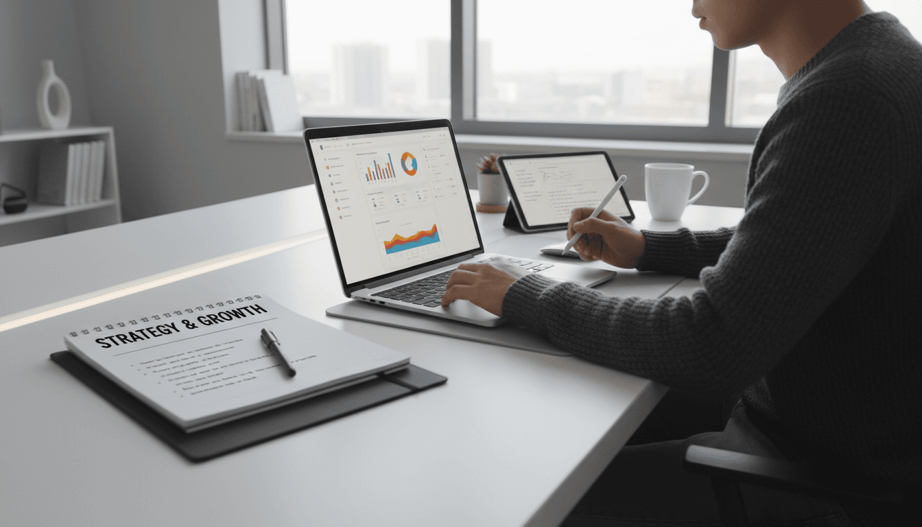Digital marketer building a product funnel on a laptop
