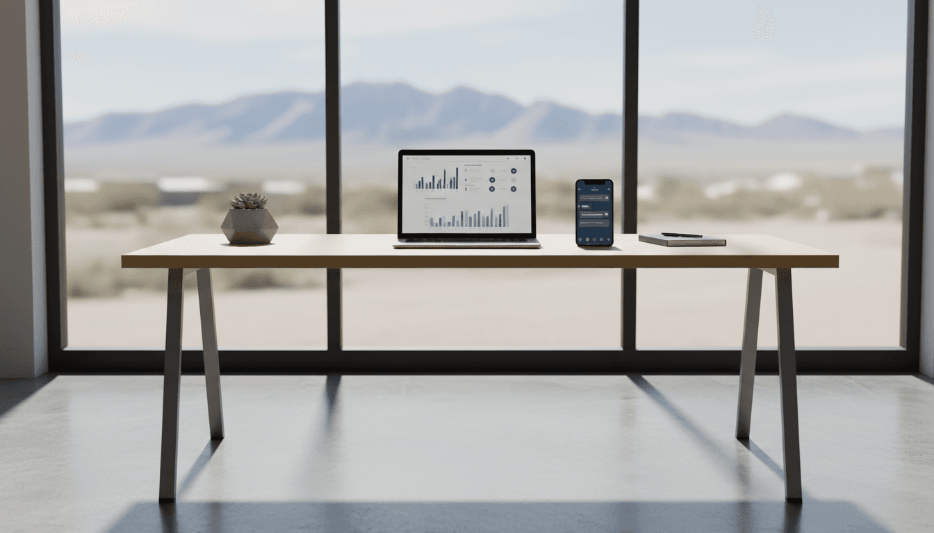 Modern desk with laptop and phone in a bright professional office