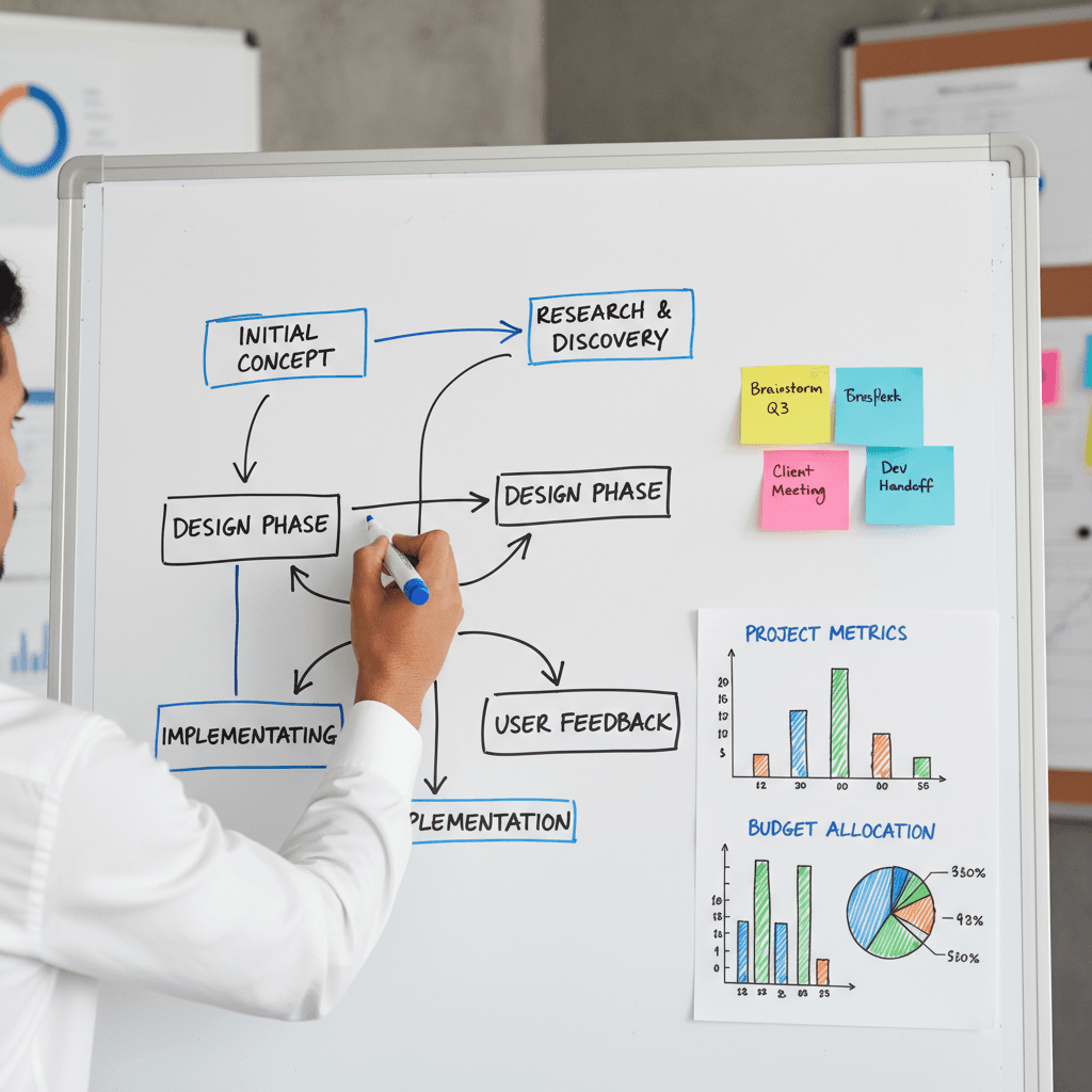 Professional sketching a workflow on a whiteboard with process charts and sticky notes nearby