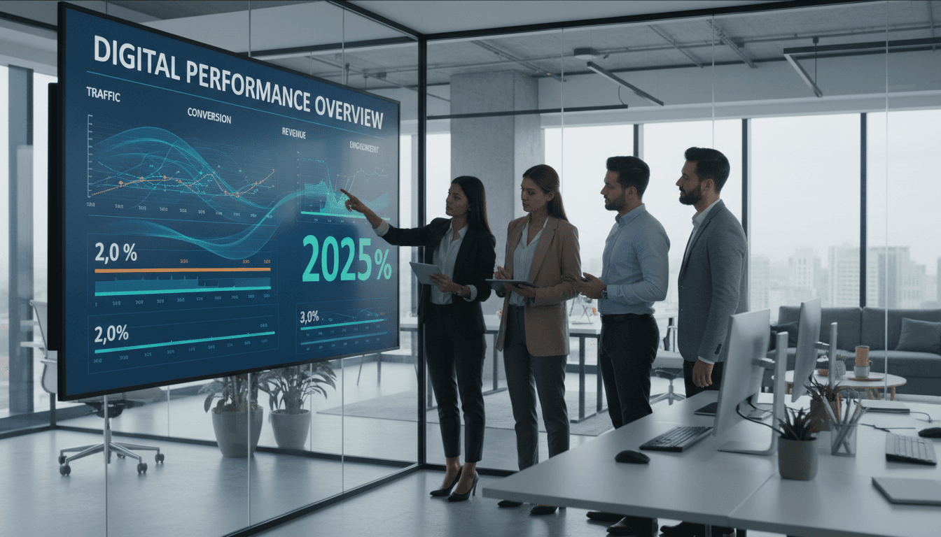 Marketing team reviewing analytics data on a screen in a bright modern office