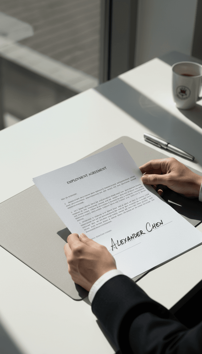 Professional signing a service agreement on a clean desk