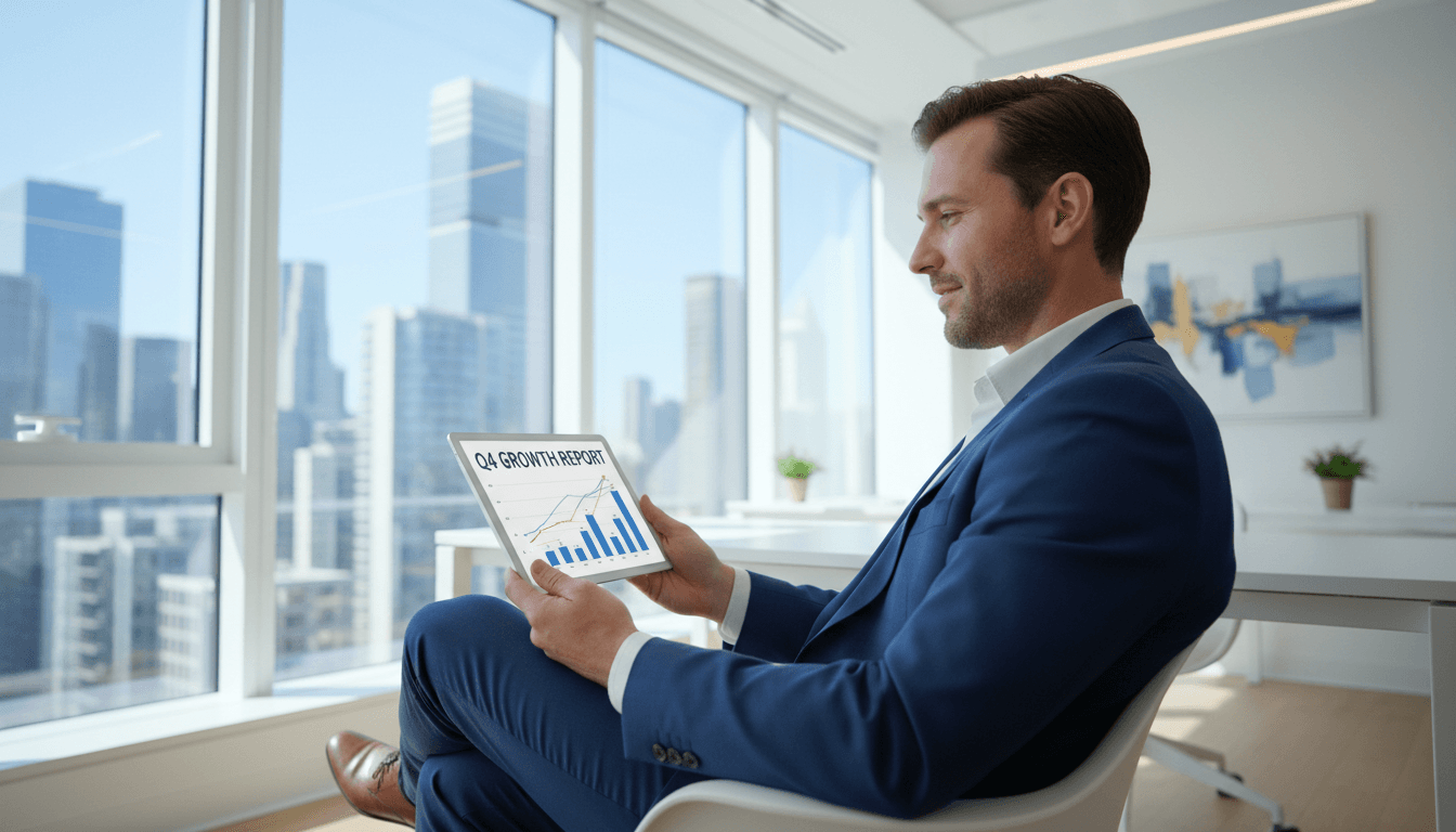Professional reviewing e-commerce growth charts on a tablet
