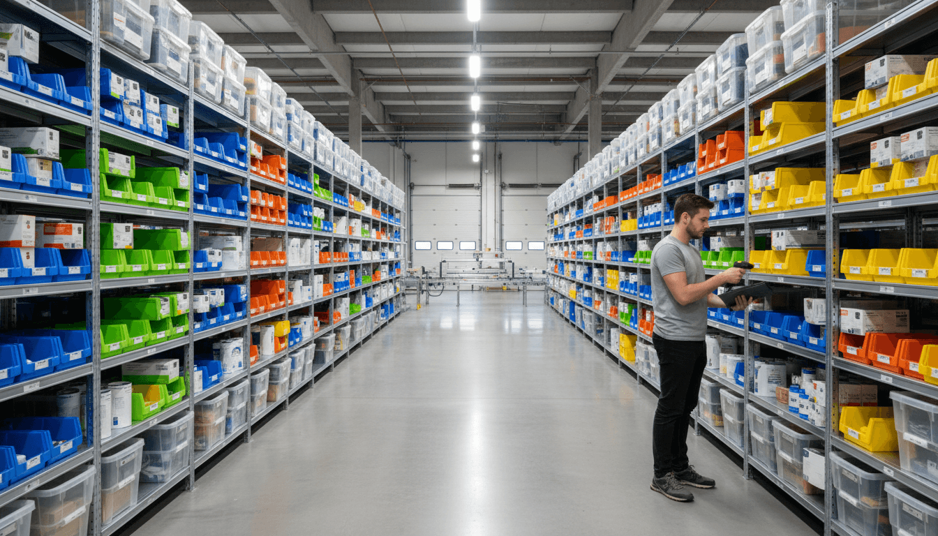 Warehouse worker scanning packages with a tablet in a distribution center