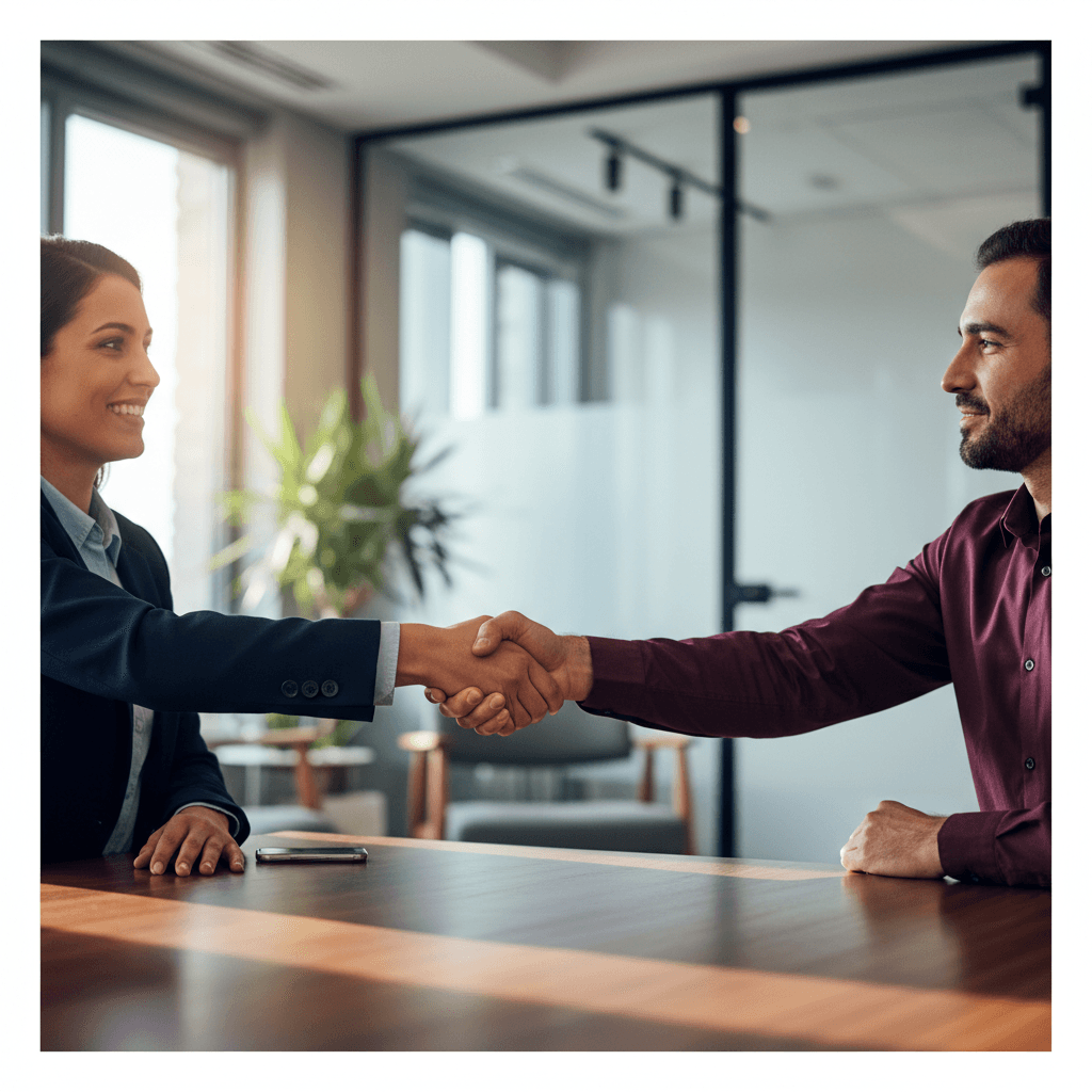 Two professionals shaking hands in a bright corporate office