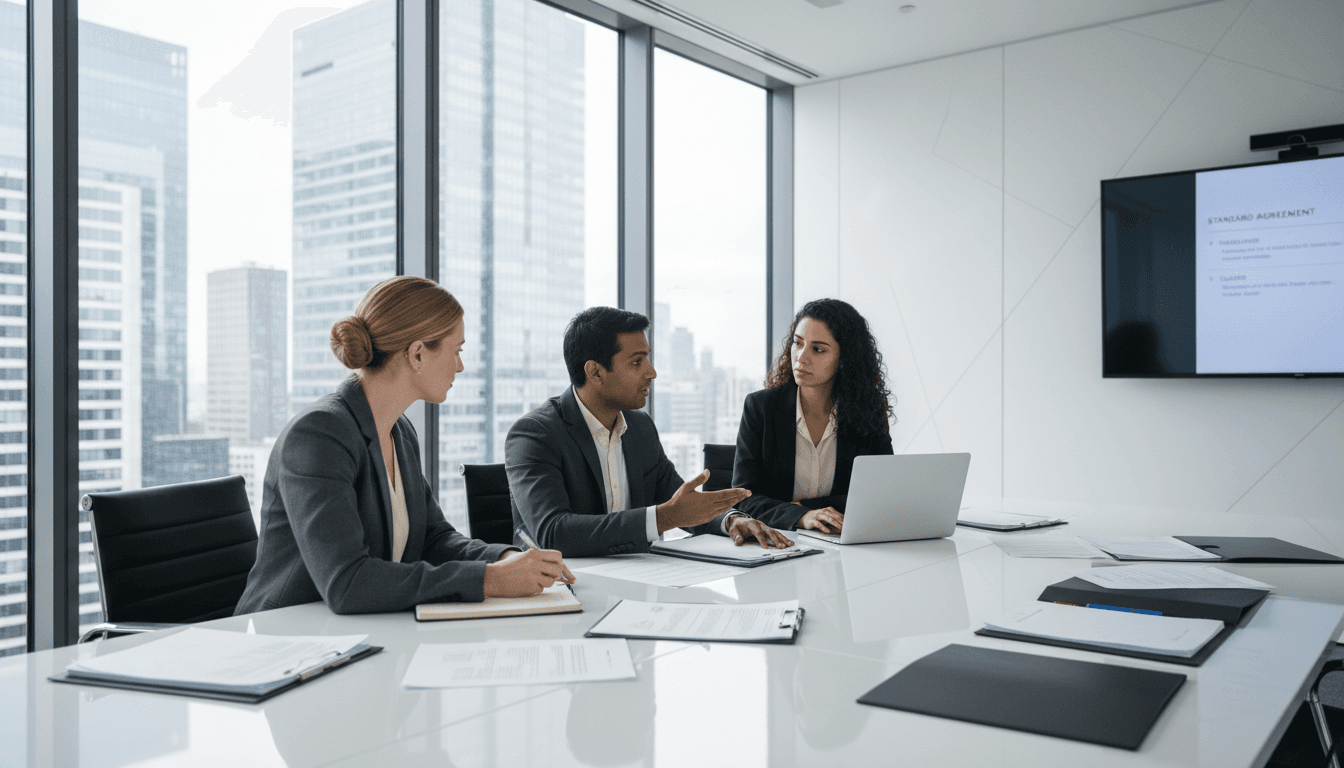 Business professionals reviewing a service agreement at a bright conference table