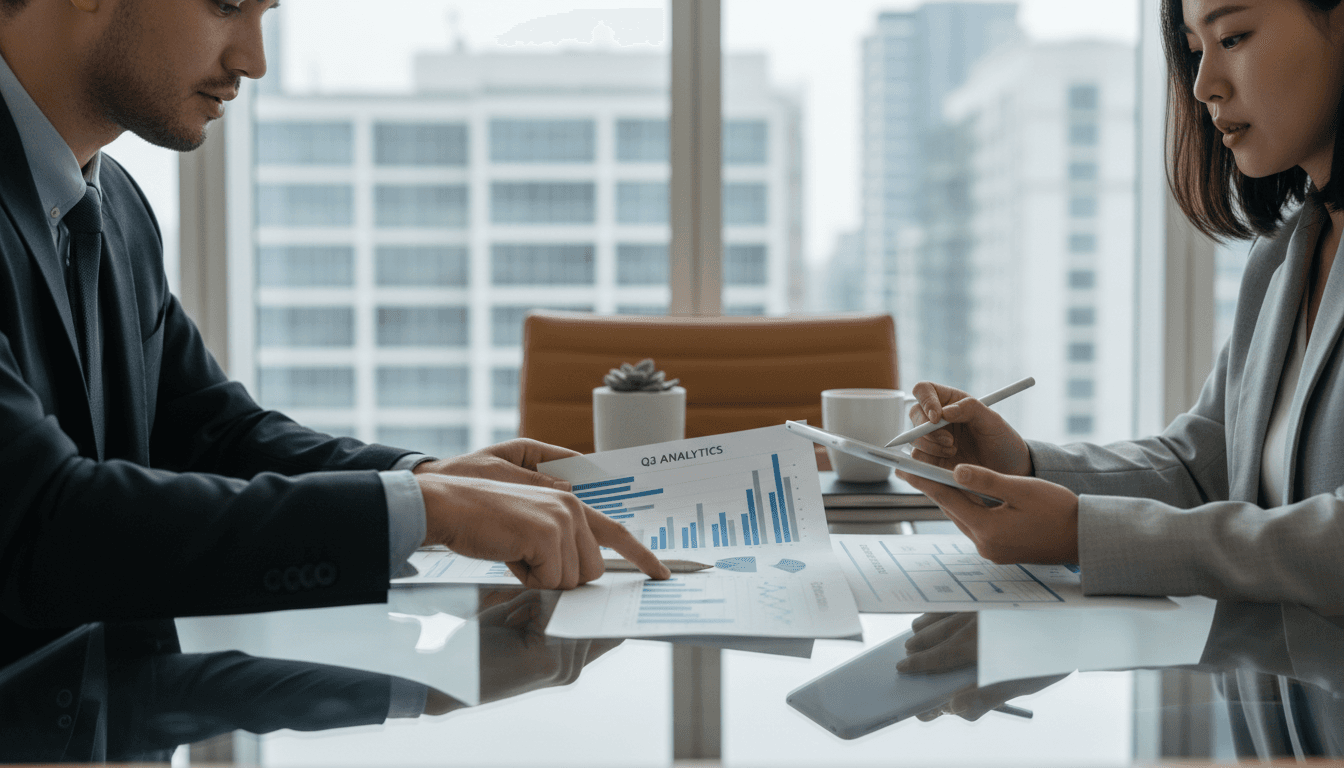 Business documents and analytics charts on a desk in a professional office setting