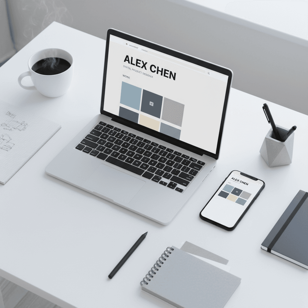 digital product mockup on a laptop screen with a smartphone on a clean desk