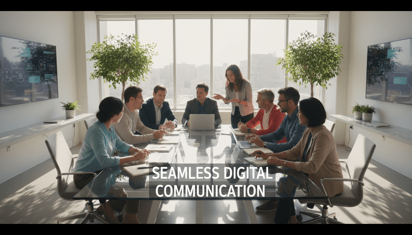 Business team meeting around a table with laptops in a bright contemporary office