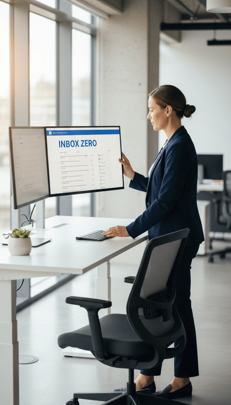 Professional replying to a client message at a clean, organized desk with a laptop and notebook