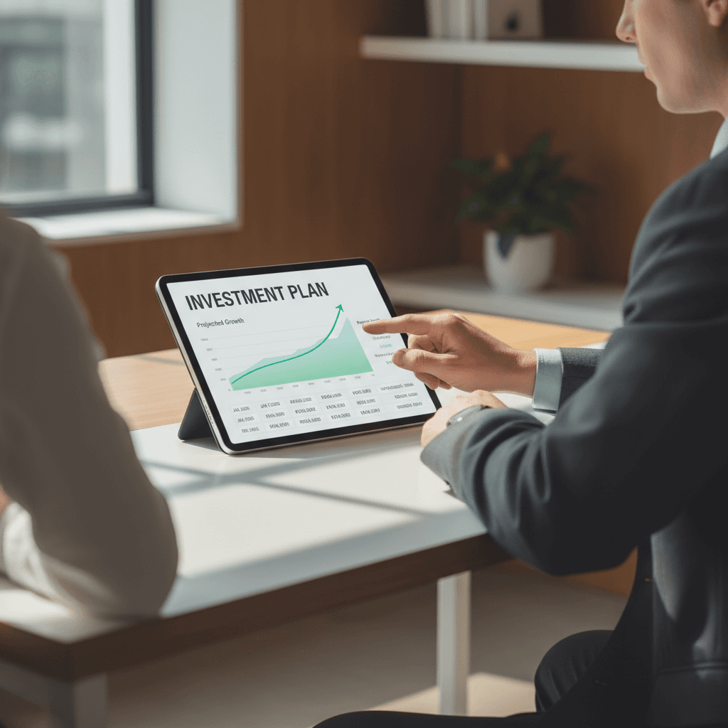 Consultant pointing at a cost breakdown chart during a client meeting in a modern office