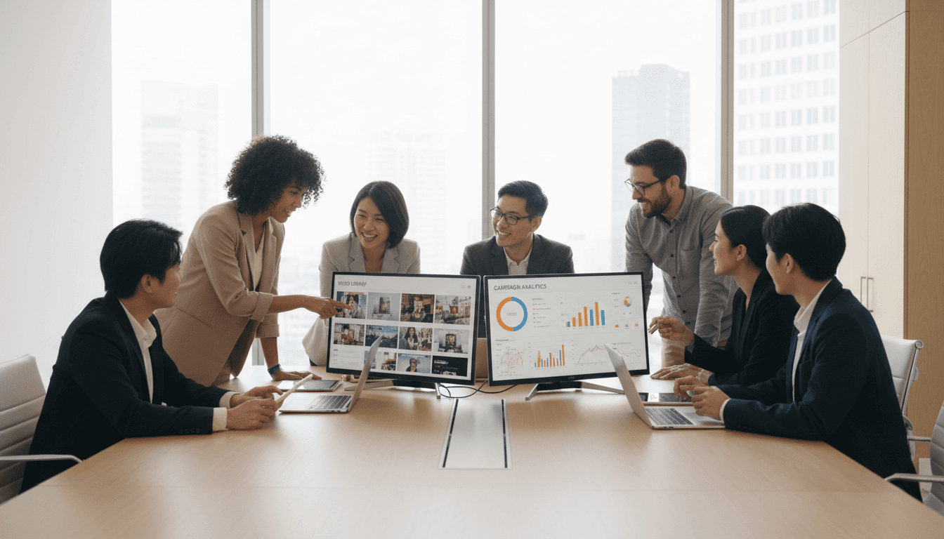 Two marketing professionals discussing ad creative at a modern desk