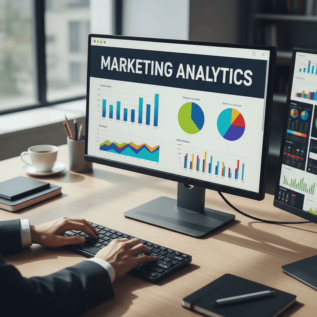 marketing analyst reviewing campaign dashboard on a monitor in a modern office