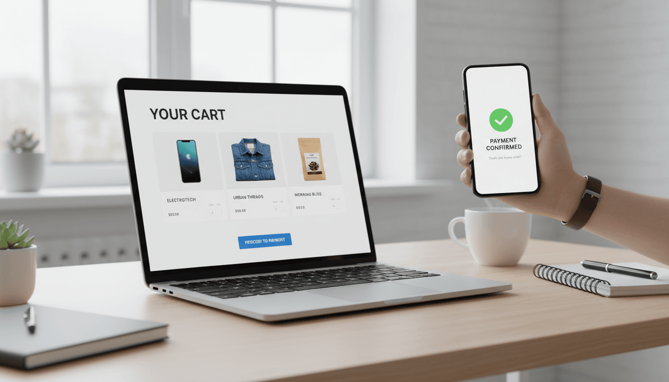 Laptop displaying an online store with a shopping cart and payment options