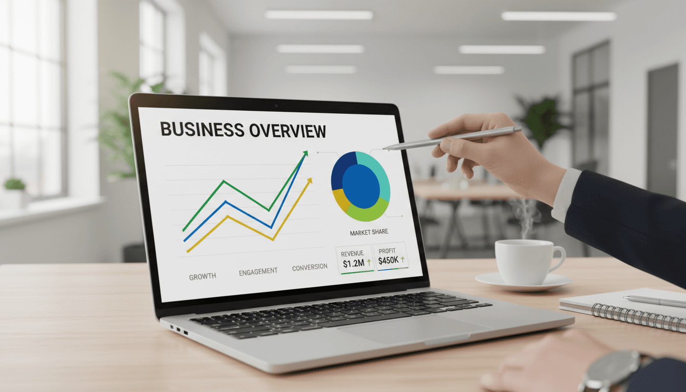 Computer monitor displaying sales graphs and analytics in a professional office