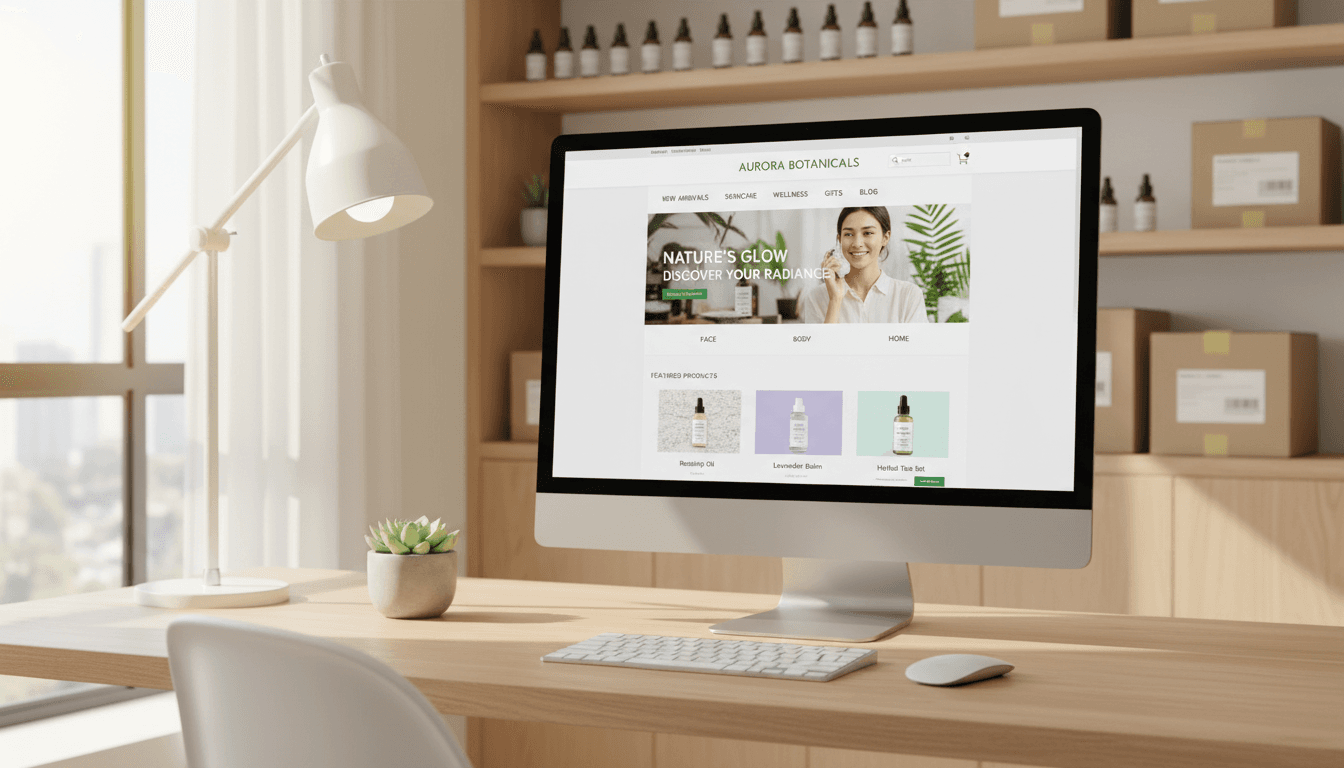 E-commerce storefront with fashion products displayed on a laptop screen