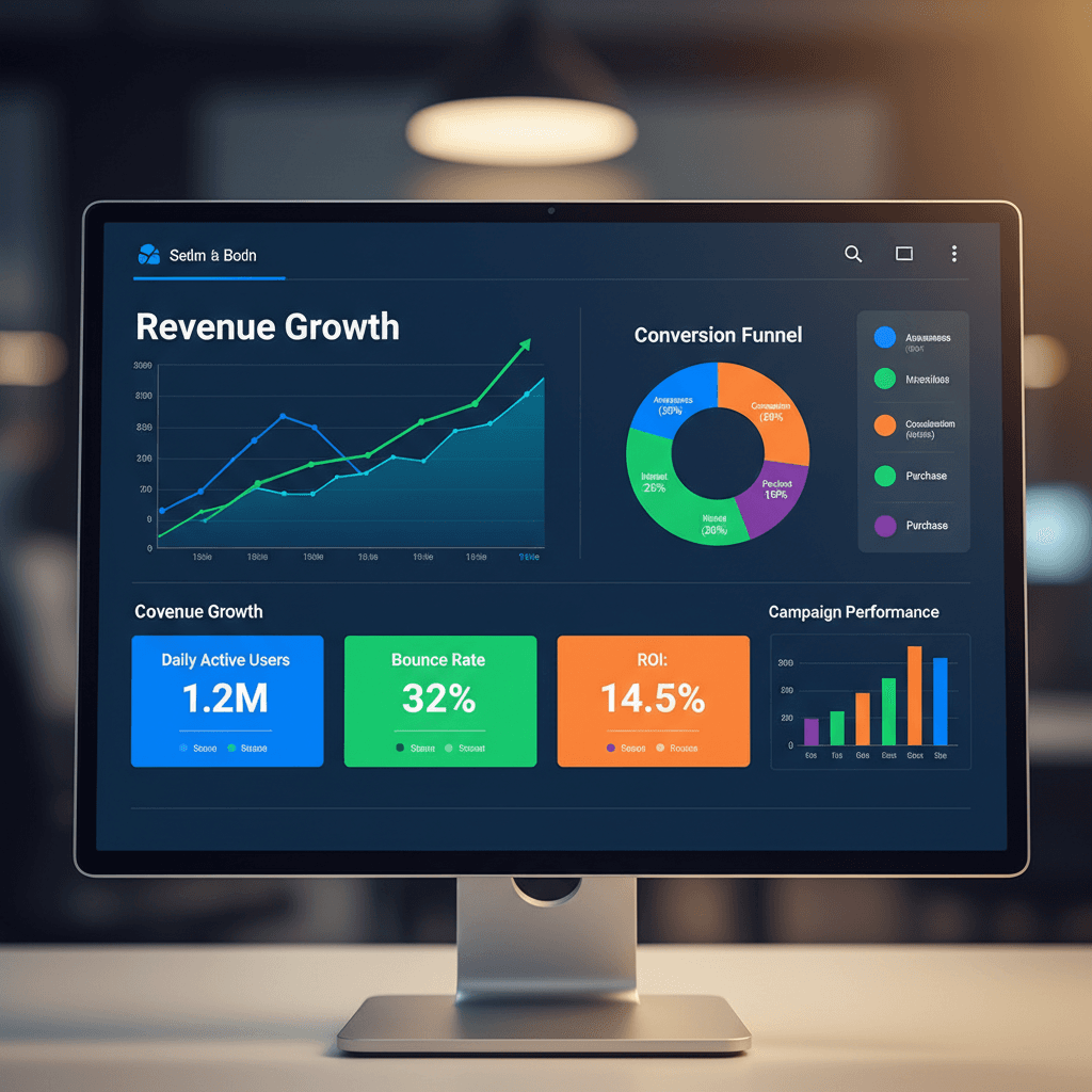 Analyst presenting a marketing performance dashboard on a large monitor to a colleague