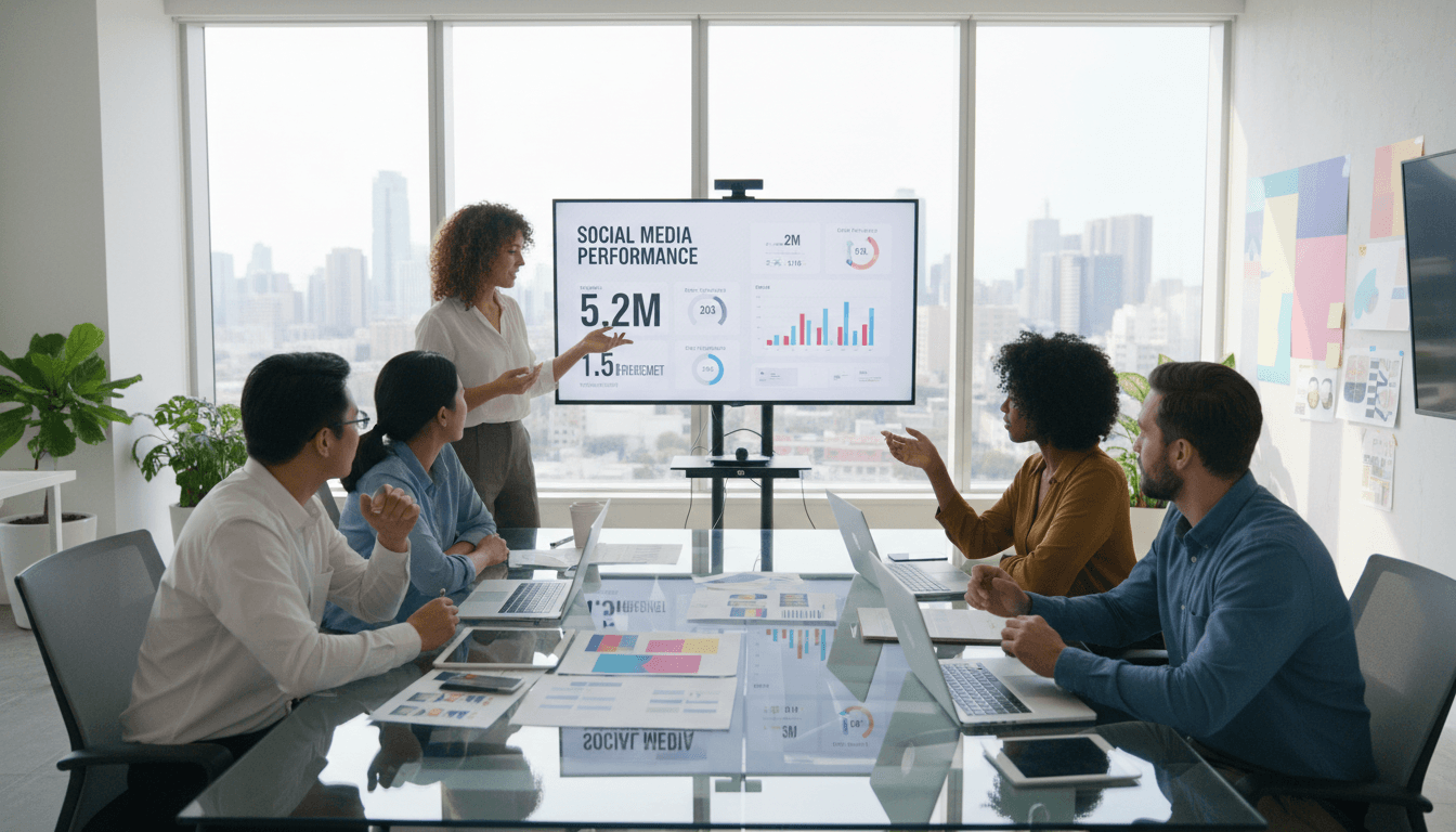 Team collaborating over digital marketing data in modern office