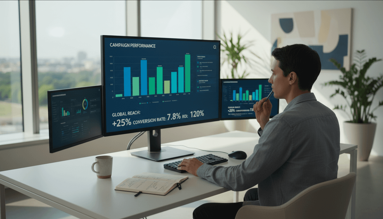 Marketing team reviewing campaign analytics on a desktop computer in a bright office