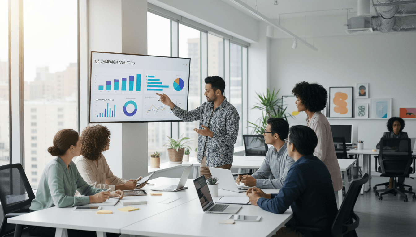 Professional business team reviewing digital marketing analytics dashboard in modern office