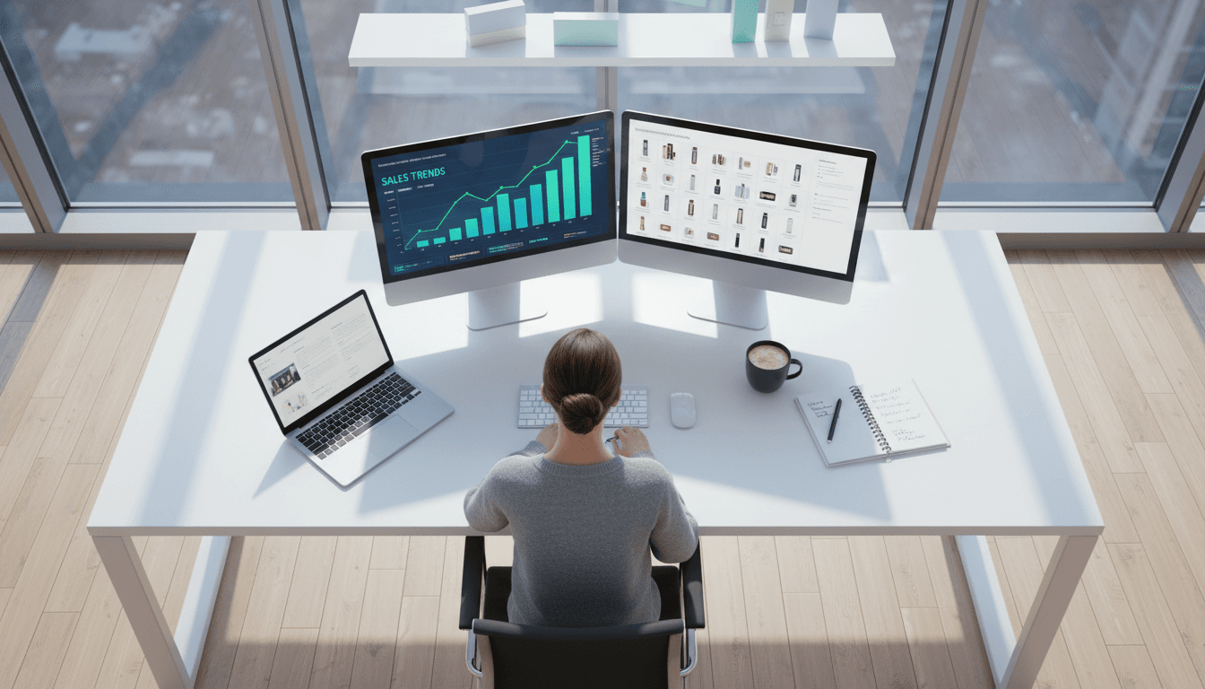 Professional analyst reviewing data on a computer screen in a bright office