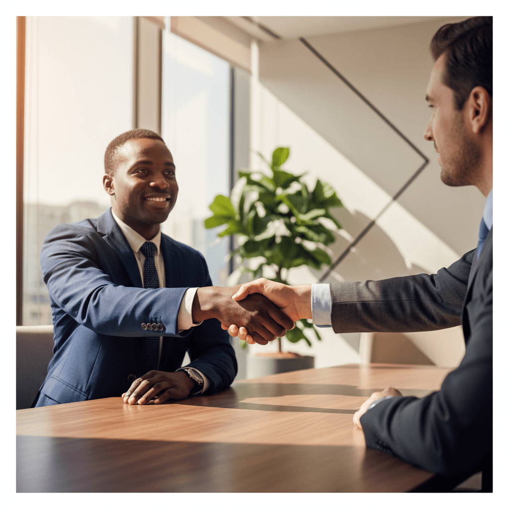 Handshake in progress during business meeting in a modern office